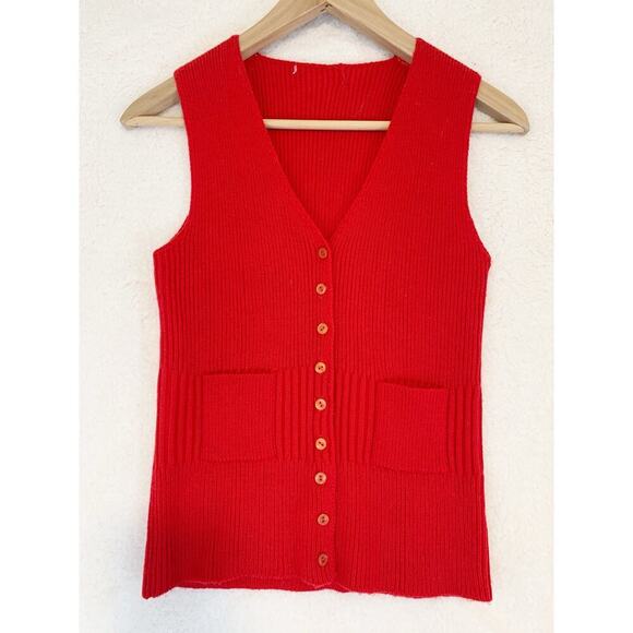 Vintage Sweater Vest Button Front Red Pockets Small Medium Measured Retro 70s - Picture 1 of 4